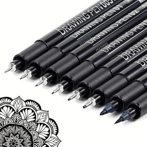 TEMU 8pcs 드로잉 펜 핀라이너 아트 펜 세트 - 블랙 펜 키트, 방수 잉크 펜, 펜, 스케치 펜, 파인 라이너 펜, 파인 라인 마커, 005 01 02 03 05 08 브러시, 파인 팁, 포인트드, 성인용 전문 아트 용품, 애니메이션 선물 만화 아웃라인 워터 컬러 젠타글, 학교로 돌아가는 쓰기 서예