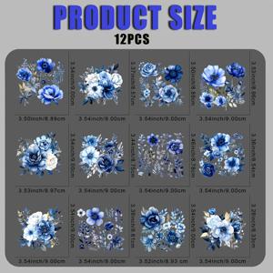 TEMU 12pcs 인디고 블루 꽃 열전달 스티커 - 미리 프레스 필요 없음, 세척 가능한 DIY 아이언 온 데칼, 해군 및 흰색 꽃 패턴, 티셔츠, 청바지, 마스크, 가방, 의류 - 공예, 선물, 의류 장식, 의류 스티커