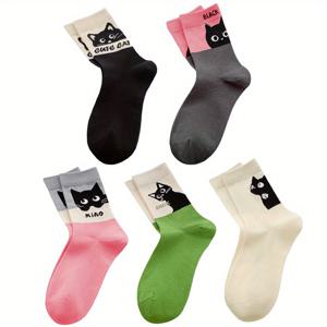 TEMU 여성을 위한 5켤레 귀여운 만화 고양이 무릎 양말 - 부드럽고 세탁 가능한 베이지, 핑크, 녹색 및 검정색의 재미있는 디자인, 캐주얼 스타일, 캐주얼 웨어 | 재미있는 고양이 디자인 | 부드러운 양말