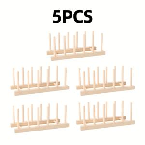 TEMU 5개 나무 접시 선반 - 수직 접시 및 절단판 홀더, 식기 후크, 칼 슬롯, 컵 후크, 주방 카운터 정리, 공간 절약 디자인, 접시, 그릇, 냄비, 팬, 주방 카운터용 접시 건조 선반