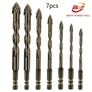 TEMU BUFF STACK FULL 7개 세트 카바이드 드릴 비트, 네 블레이드 세라티드 엑센트릭 톱니 디자인, 플루트, 도자기, 세라믹, 유리, 대리석, 콘크리트, 스테인리스 스틸, 돌용 드라이 드릴링