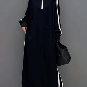 TEMU 여성용 우아한 롱 맥시 드레스 - 네이비 블루 포멀 & 일상복, 스탠드업 칼라, 지퍼 백 클로저, 파티, 사무실, 캐주얼 이벤트용 플래터링 루즈핏 - 봄/여름/가을 여성 의류, 긴 소매 맥시 드레스, 편안한 착용감, 통기성 원단, 성인용 옷, 귀여운 여성 드레스, 심플하고 우아한 드레스, 결혼식 손님 복장, 모던 패션|여름원피스|가을원피스