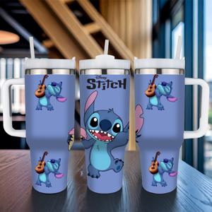 TEMU 1개 40oz 디즈니 스티치 스테인리스 스틸 여행용 머그, 손잡이와 빨대가 있는 커피 컵, 이중벽 컵, 차량 컵홀더에 적합, 뜨거운 음료 및 차가운 음료용, 집, 사무실, 여행, 생일 선물용, 커피 여행용 머그, 커피 머그 여행용
