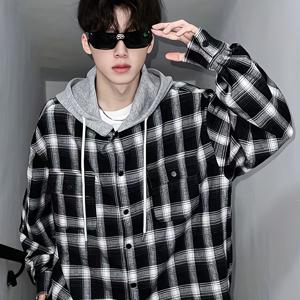 TEMU 남성용 블랙 & 화이트 깅엄 후드 셔츠 재킷 - 클래식 루즈핏 긴소매 캐주얼 스포츠웨어, 버튼 앞면, 포켓 & 드로스트링 후드, 야외 활동, 스포츠, 해변, 파티, 캐주얼 복장, 스포티 후드 재킷, 내구성 좋은 원단 재킷|요가|요가복|골프웨어