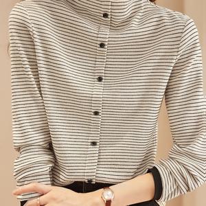 TEMU 여성용 우아한 긴팔 티셔츠 - 버튼 프론트 블라우스, 검정 & 흰색 수평 줄무늬, 레귤러 핏 탑, 가을 일상 및 정장용 - 사무실, 파티, 캐주얼 웨어, 하이넥 디자인, 편안한 원단, 클래식 , 부드러운 질감, 직장인 여성용
