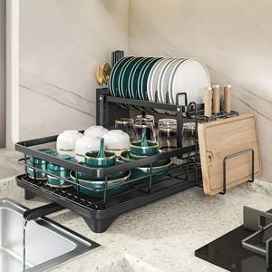 TEMU 2단 블랙 & 화이트 철제 주방 카운터 & 식기 건조대 - 대용량 접이식 공간 절약형, 배수판 포함, 칼집 및 젓가락 튜브, 접시, 그릇, 냄비용 - 현대적인 주방을 위한 내구성 있는 방청 디자인, 주방 수납 선반, 주방 카운터용 식기 건조대, 매끄러운 메탈 마감, 견고한 구조, 홈 쿠크, 디자인, 고품질 금속, 소형 주방용|식기건조대|식기건조기