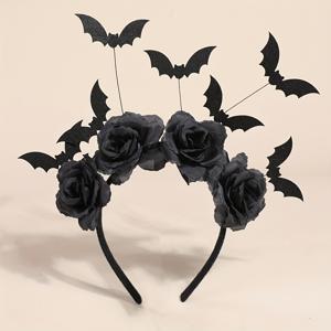 TEMU 여성용 고딕 마녀모자 - 블랙인공꽃 & 박쥐날개 헤어액세서리, 레이스베일과 초커목걸이 칼라가 포함된 다크판타지 파티코스튬 머리장식 (할로윈/크리스마스/추수감사절) - 수작업제품(손세탁), 사실적인 검은 장미와 박쥐로 디테일한 다크에스테틱 데자인. 고딕역놀이&캐주얼룩에 완벽한