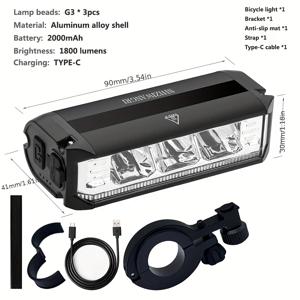 TEMU SHIZIWANGRI 1800LM 초고휘도 자전거 전조등, 2000mAh 충전식 리튬, USB-C 고속 충전, (핸들바 22.2-35mm 호환), 5가지 모드, -글레어 디자인, 광범위 빔, 장거리 MTB/로드 사이클링 헤드라이트, 알루미늄 합금 & ABS 구조, 스마트 바이크 시스템 호환, 마운팅 브래킷 & -슬립 패드 포함