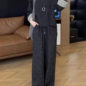 TEMU 여성 봄가을 단색 캐주얼 편안한 그레이 상하의세트 데일리 우아하고 긴팔 라운드넥 상의 하이웨스트 밴딩 팬츠 투피스 슬림소녀 SLIM GIRL