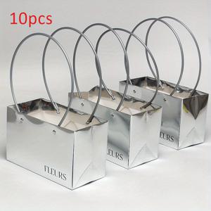 TEMU 10개입 실버 고품질 꽃다발 종이 봉투 휴대용 핸드백 - 직사각형 웨딩 선물 포장 파우치, 어레인지먼트용 소형 플로리스트 캐리 백, 어머니날/발렌타인데이