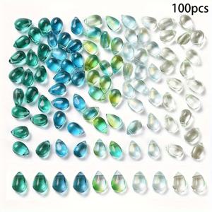 TEMU 보석 제작용 1mm 구멍이 있는 9x6x5mm 크기의 그린 톤의 글리터 파우더가 섞인 투명한 티어드롭 유리 구슬 100개 세트