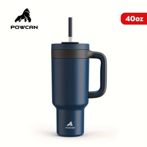 TEMU [1pc 40oz 보온 보냉 텀블러] POWCAN 40oz 이중 벽 보온 보냉 텀블러, 스테인레스 스틸 여행용 컵, 납 없음, 미끄럼 방지, 재사용 가능, 기계 세척 가능, 뚜껑 및 빨대 포함, 전기 없이 다목적 사용