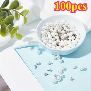 TEMU 100개 세트 우아한 화이트 플라스틱 진주 스터드 - 6mm 라운드 내구성 있는 공예 버튼 | DIY 패션, 액세서리, 가방, 신발 및 의류용 다목적 키트 | 초보자와 전문가 모두에게 적합한 진주 버튼 공예품, 재봉 소품, 쉬운 삽입 핀 포함