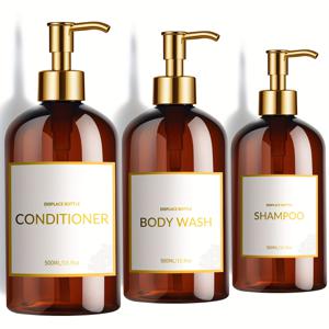 TEMU 모던 골든 디자인 펌프 병 세트 3개 - 17oz 샤워 샴푸 & 컨디셔너 디스펜서, 라벨 포함 - 쉬운 리필 가능한 바디 워시 디스펜서로 욕실 인테리어 업그레이드 클리어