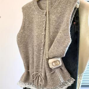 TEMU 여성용 우아한 진주 & 레이스 트림 칼라 베스트 - 다크 그린/블랙 버튼 프론트 재킷, 러플 헴, 스트레치 스웨터 같은 레이어링 아이템, 블라우스, 드레스 & 청바지용 - 사계절 다용도 아우터웨어|블라우스|여성원피스|청바지