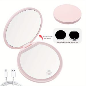 TEMU 새로운 미니 2-in-1 분리 가능한 프로스트 거울 LED 라운드 충전식 포켓 미러, 양면 2x/5x/20x 확대, 컴팩트 메이크업 및 조명 거울, 여성용 휴대용 지갑 거울, 핑크/화이트, 여행 사이즈, 최고의 창의적인 선물