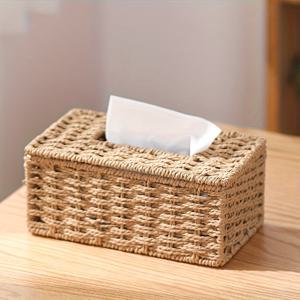 TEMU 1개 손으로 짠 스타일 티슈 박스 홀더 - 자체 접착식, 빈티지 영감 종이 타월 정리함, 홈 & 오피스 장식용, 자연 짠 디자인과 장식 패턴, 욕실 액세서리|빈티지 영감 장식|손으로 짠 질감, 욕실 장식 및 액세서리