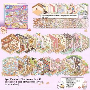 TEMU 60개 세트: 20장의 장면 카드 + 40개의 PET 스티커와 핀셋 포함, DIY 미니 하우스 데코용 3D 시각적 풍경 스티커, 컷팅 없는 공예 다이어리 스티커, 폰케이스 & 컵 데칼, 스크랩북 장식, 쓰레기 저널 스티커, 보관 편한 박스 디자인 – 친구에게 완벽한 선물|다이어리|카드스티커