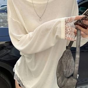 TEMU 여성용 우아한 레이스 패널 오버사이즈 긴팔 티셔츠 - 라운드넥 루즈핏 화이트 탑, 레이스 트림, 가을 겨울 캐주얼 & 포멀 아웃핏 레이어링 아이템