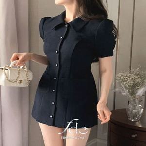 하객룩????Made)베라 네이비 트위드 미니원피스(+5cm기장추가/카라/퍼프/진주/포켓/격식룩/하객룩/데이트룩)