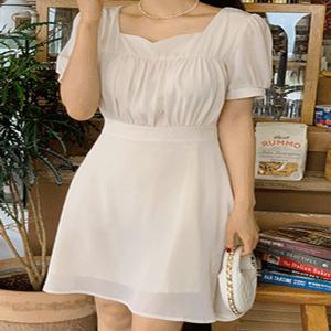 [44-120] [미니/롱] 샤브렌 쉬폰 하트넥 셔링 리본 원피스( 여름-데일리룩-데이트룩-캐주얼룩-캠퍼스룩-하객룩-격식룩-출근룩-빅사이즈-120사이즈-자체제작-여성스러운-사랑스러운-통통녀-여름하객룩 )