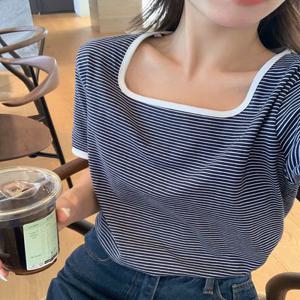 [컬러추가????][보들쫀쫀/배색스퀘어넥][MADE] 스타트 스퀘어넥 배색 골지티셔츠 (44~110) (빅사이즈티셔츠-슬립핏-베이직핏-체형커버-군살커버-반팔티-긴팔티-베이직티)