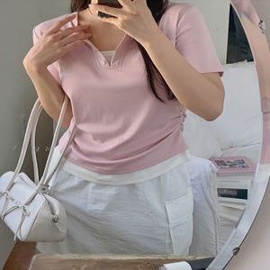 [레이어드코디/여리슬림핏] [44-120] 웰라디븐 스판 브이넥 셔링 레이어드 반팔 티셔츠 ( 여름-신상-데일리룩-캐주얼룩-데이트룩-꾸안꾸-출근룩-빅사이즈-120사이즈-자체제작 )