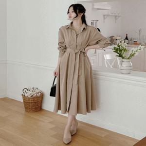 솔라 봄 가을 하객룩 벚꽃룩 트렌치 카라 핀턱 시크릿 버튼 플리츠 A라인 셔츠 롱 원피스