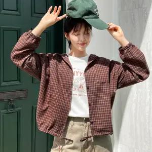 [핑크시슬리] 카밀리 체크 스트링 루즈 후드 셔츠