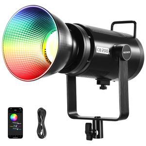 니워 CB200C 200W RGBWW COB LED 비디오 라이트, APP/2.4G 360 컬러 2500K-7500K (듀브 0.0003) 23000lux/m 보웬스 메탈 쉘 무음 연속 출력 조명 TLCI/CRI97+ 사진 녹화용