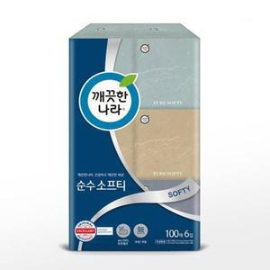 (깨끗한 나라) 정사각 티슈 순수 소프티 (100매X6입)/천연/펄프/화장지/두루마리/차량용/미니/곽휴지/타올