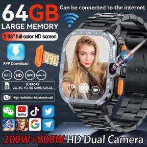 64GB 대용량 메모리 앱 다운로드 스마트워치 남성용 200W+800W HD 듀얼 카메라 화상 통화 4G/5G SIM 카드