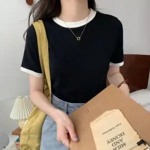 라운드 배색 반팔티 봄 여름 데일리 티셔츠 여자 상의 데일리룩 여성 봄티셔츠 무지
