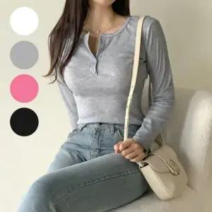 슬림핏 골지 긴팔티 여성 데일리 헨리넥 스판 티셔츠 의류 이너 흰티 기본티 무지티