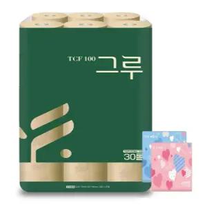 그루 오리지날 무표백 천연펄프화장지(리뉴얼 신상품) 3겹 30m 30롤 1팩+여행용티슈 80매