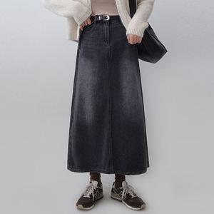 S-XL 핏탄탄 흑청 워싱 데님 롱스커트
