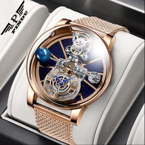 PINDU 디자인 손목 시계 투명  글로브 천체 석영 방수 가죽 남성 Montre homme