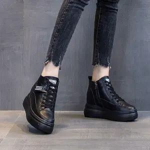 여성 키높이 8CM 구두 블랙 가죽 하이탑 슈즈 통굽