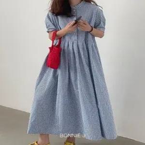 [보니제이]체크 데이트룩 반팔 롱원피스 A라인 퍼프 반소매 블루