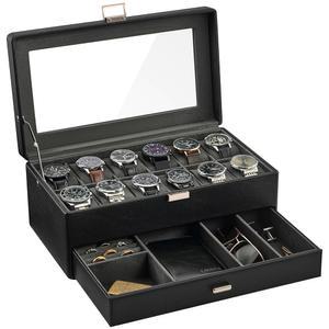 ProCase 12 남성용 슬롯 시계 상자, 유리 뚜껑이 있는 2겹 디스플레이 케이스, 서랍이 홀더, 선글라스 링 목걸이용 보석 보관 정리함 -블랙
