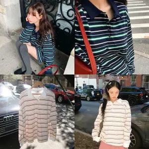 [모코블링]멀티 스트라이프 카라 티셔츠 긴팔티 카라티 슬릿티 럭비티 스트라이프티