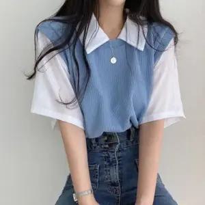 레이어드 여자 카라 티셔츠 니트 베스트 여성 반팔티