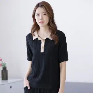 이브바바 여성 여름 인견 반팔 플리츠 카라 블라우스 티셔츠 중년 엄마옷 상의