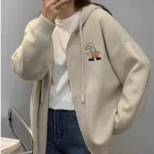 여성 후드 집업 가디건 데일리 니트 카디건 자수 긴절기 프리사이즈