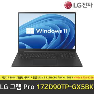 LG 그램 프로 17ZD90TP-GX5BK 노트북 / 윈도우11설치 / RAM 16GB / NVMe SSD 512GB