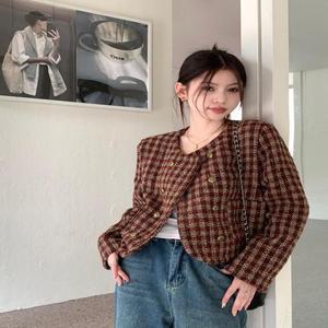 여성 레드브라운 가을 클래식 체크포켓 숏 트위드자켓