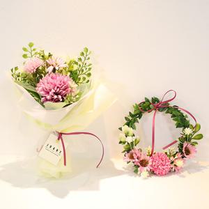 핸드메이드 폼폼데이지 미니조화 꽃다발+리스 세트 납골당 꾸미기