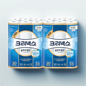 크리넥스 3겹 천연펄프 울트라클린 화장지 27m 30롤 2개 두루마리 휴지
