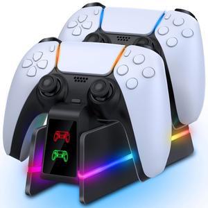 EaJ 컨트롤러 충전 스테이션 9색 RGB LED 조명이 장착된 5 듀얼센스/엣지 컨트롤러용 /슬림/프로 리모컨용 고속 도크 및 홀더 스탠드 블랙
