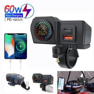 60W QC3.0PD 오토바이 핸들바  전자 전압계 온도계가  후면 거울 USB 소켓 고속 충전기 전화 전원 어댑터